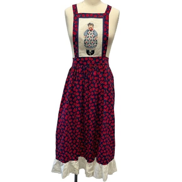 Handmade Apron Criss Cross Back Ties Cross Stitch Angel Cherries - Picture 1 of 4